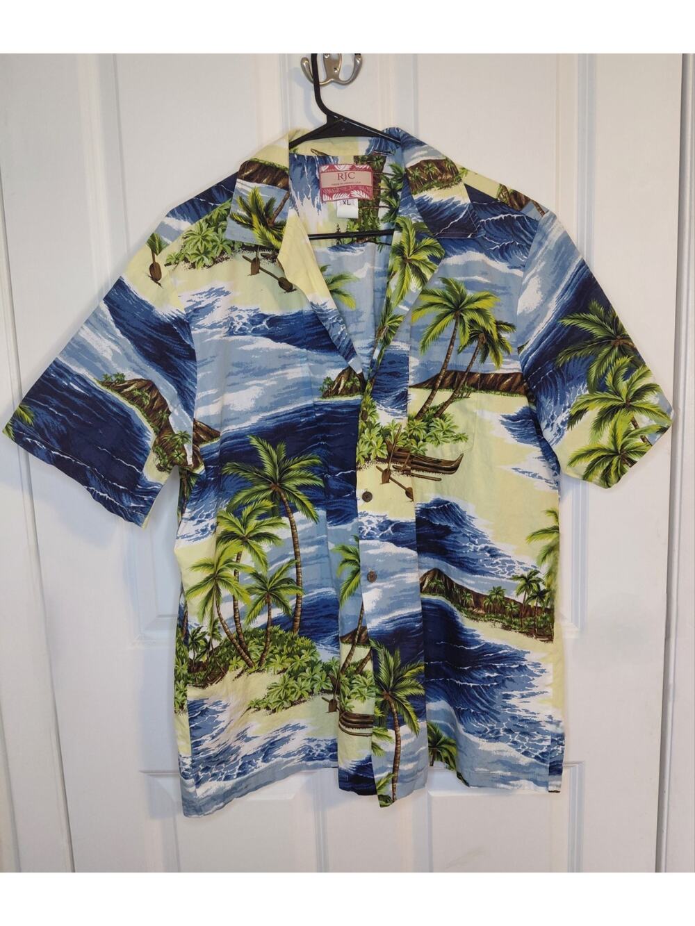 RJC Hawaiian Shirt Mens XL Blue Diamond Head Outrigger Canoe Cotton Made in USA